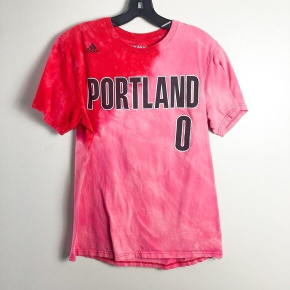 Adidas Portland Trail Blazers Lillard 0 Split Tie dye Go-to T Shirt Pink Red Med - Picture 1 of 7